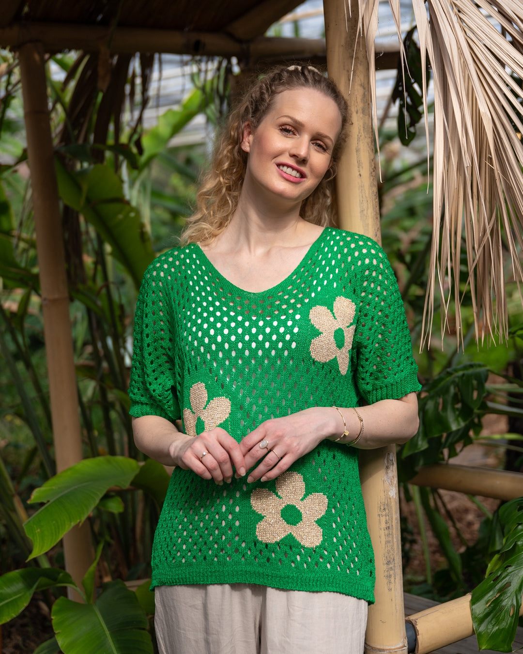 trui bloemen groen