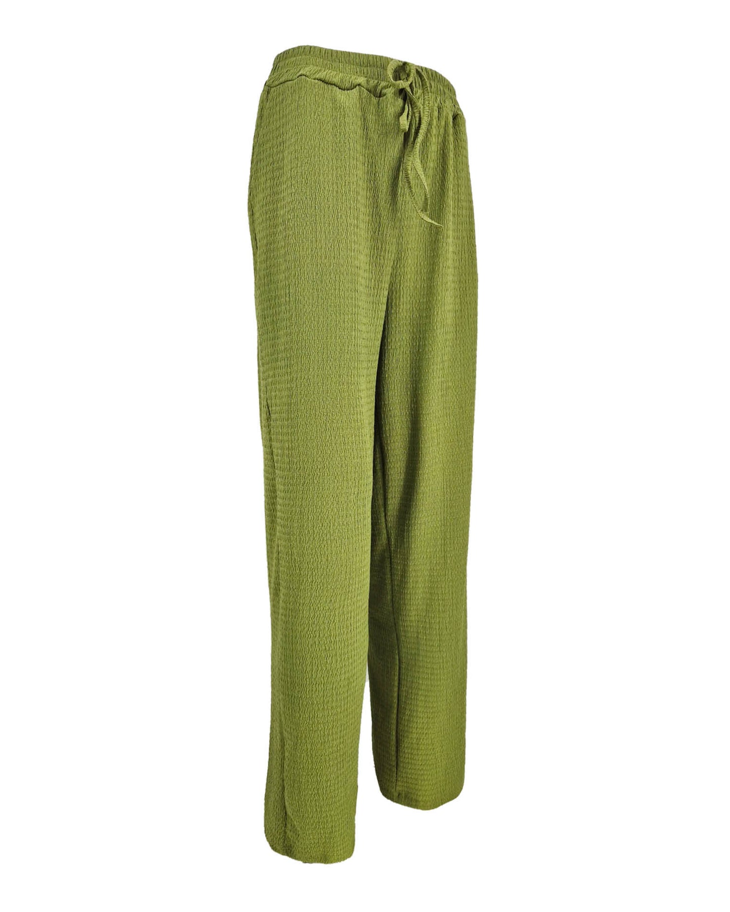 Wijde broek Rikki in olijfgroen golf textuur