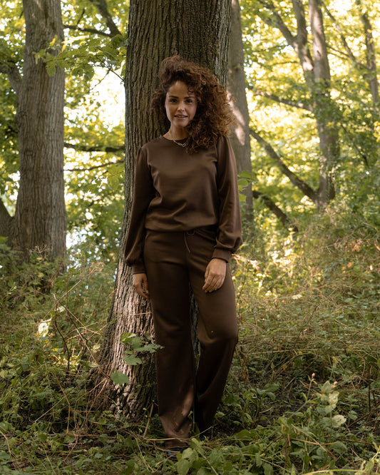 Trui Jet in stretch met pofmouwen in bruin