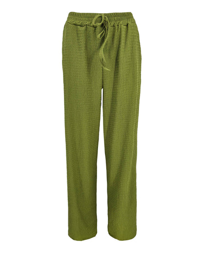 Wijde broek Rikki in olijfgroen golf textuur