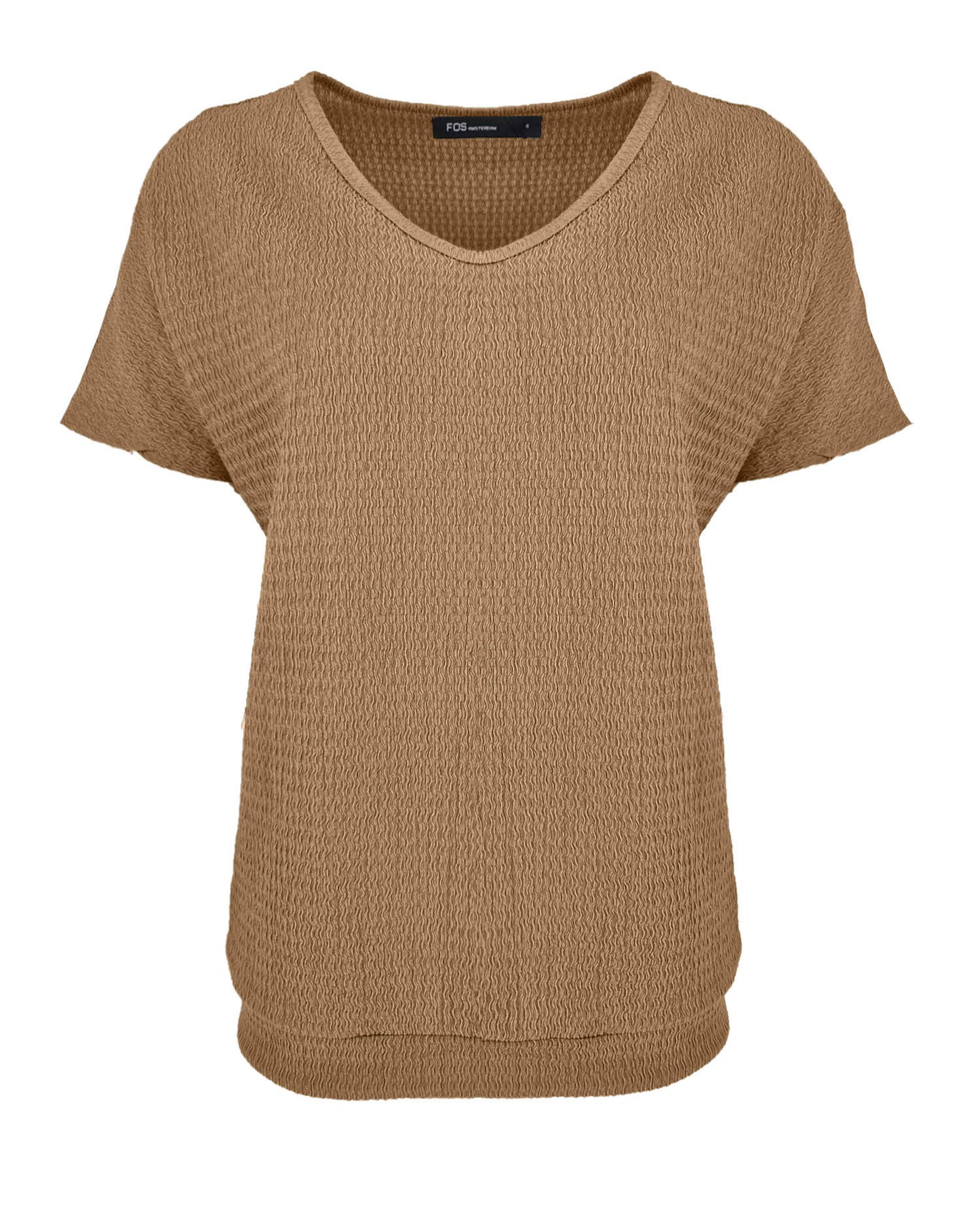 Camel kleur blouson met V-hals en structuur