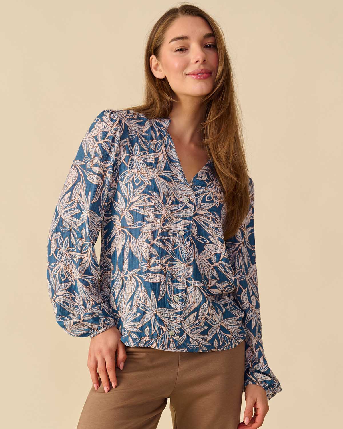 Blouse Fia in jeans met bloemen dessin
