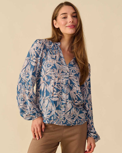 Blouse Fia in jeans met bloemen dessin