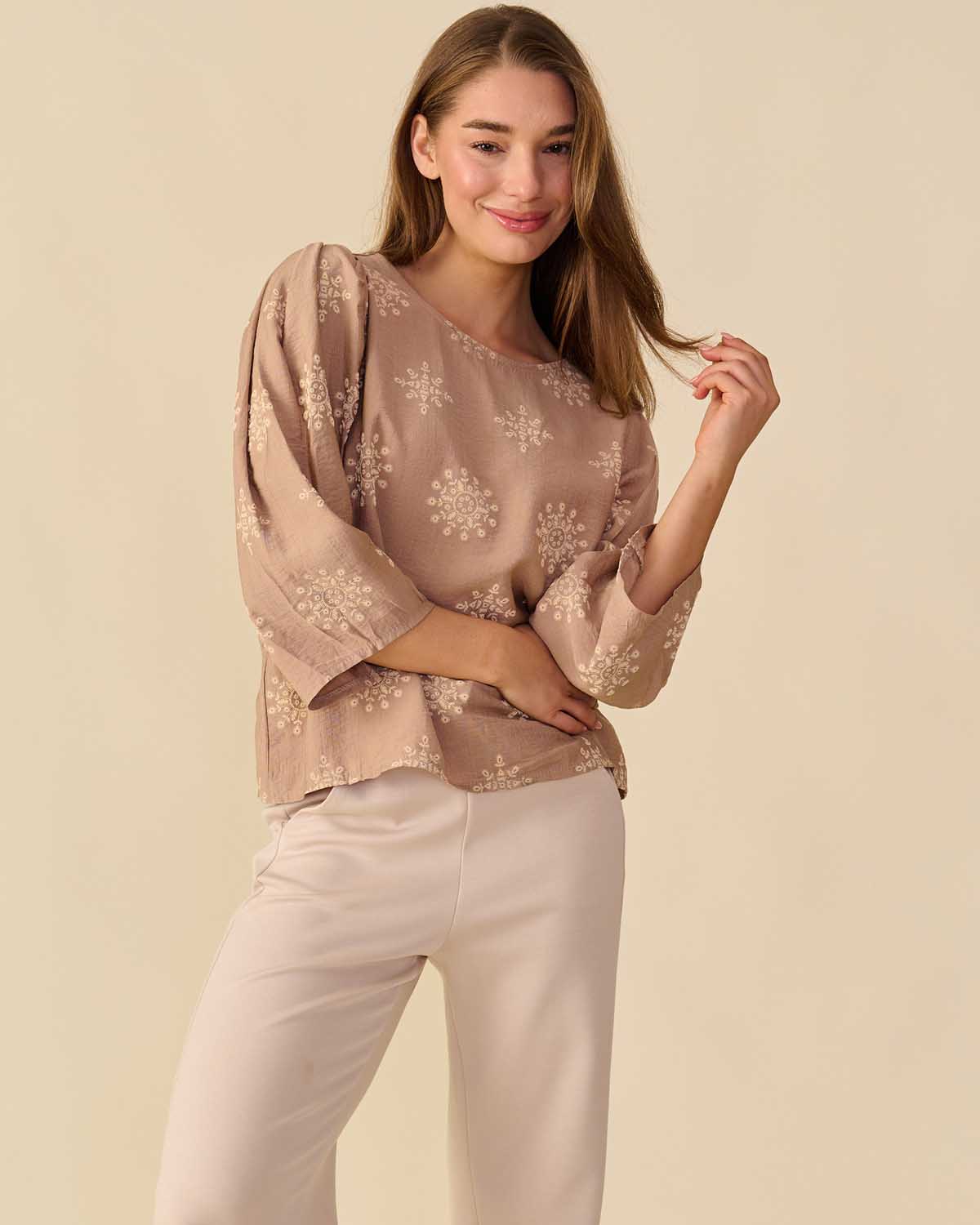 Top Hester in Camel met grafisch dessin