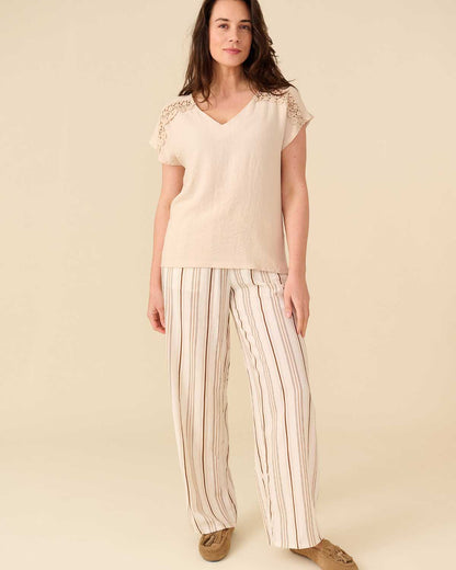 Wijde broek Fieke beige bruin streep