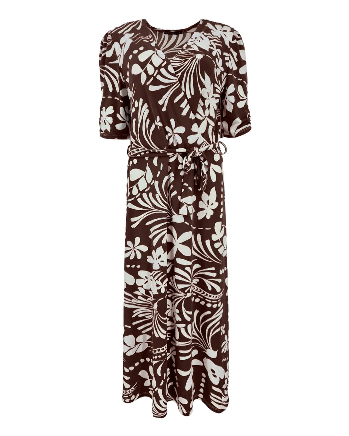 Getailleerde jurk Joya bruin bloemen dessin