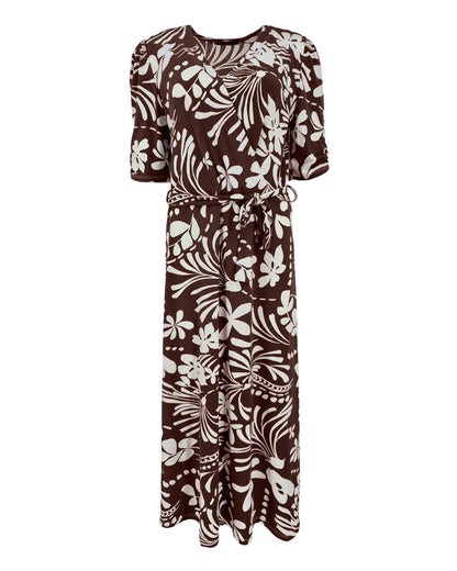 Getailleerde jurk Joya bruin bloemen dessin