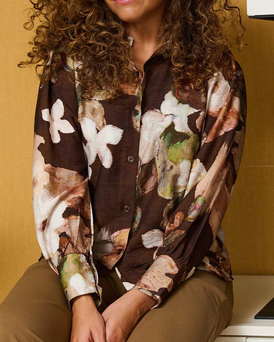Blouse - Evita Aquarel boeket | Bruin