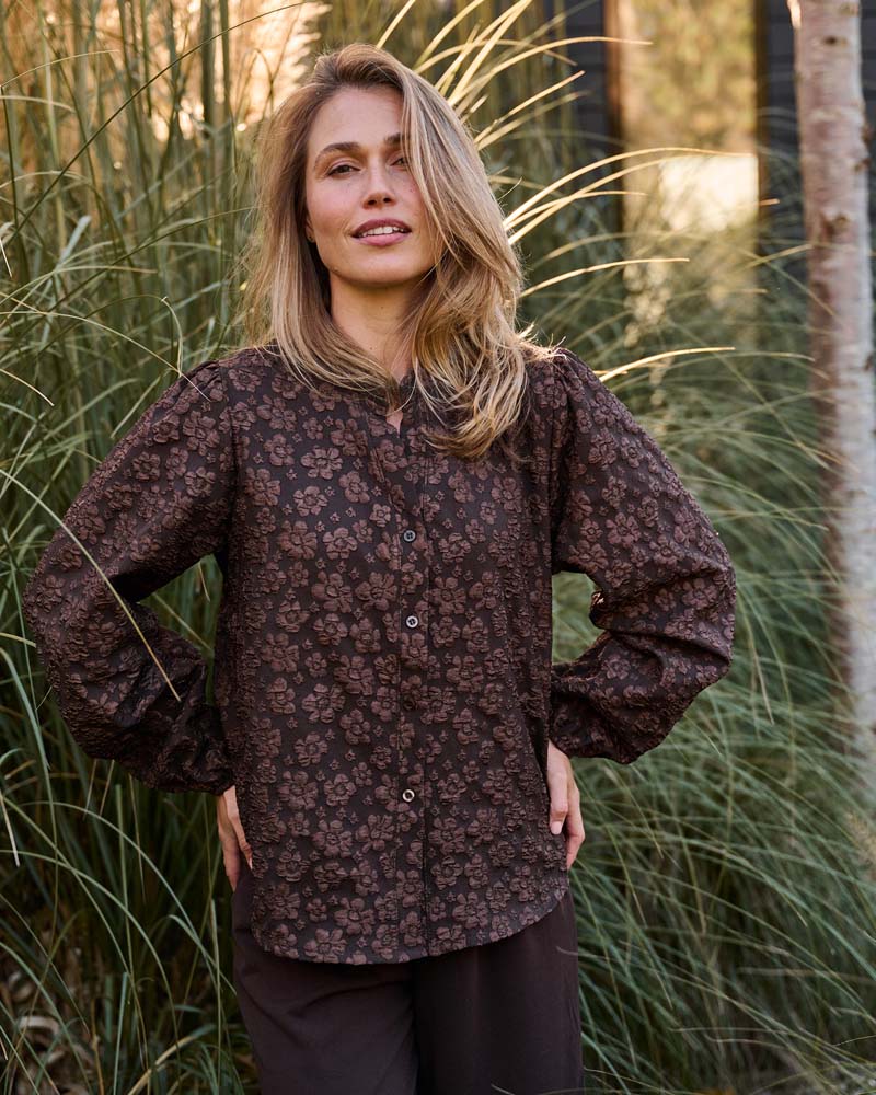 Blouse - Boho Jacquard bloem | Bruin