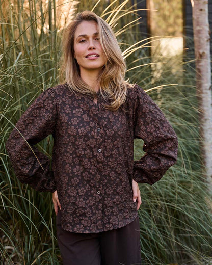 Blouse - Boho Jacquard bloem | Bruin