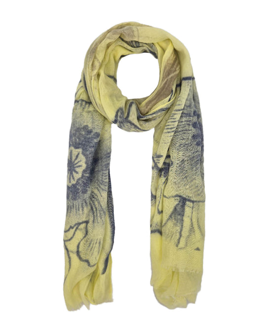 Gele sjaal met blauwe bloemenillustraties | Geel